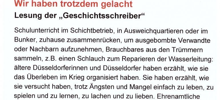 Die Geschichtsschreiber lesen am Samstag  2. Juli, 15.00 Uhr im Bezirksmuseum Eller (ehem. Chauffeurhaus von Schloss Eller), Heidelberger Straße 30b